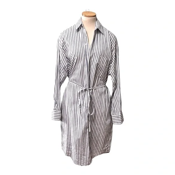 Vince Striped Belted Midi Shirt Dress, Blue/White, XL - Picture 2 of 13